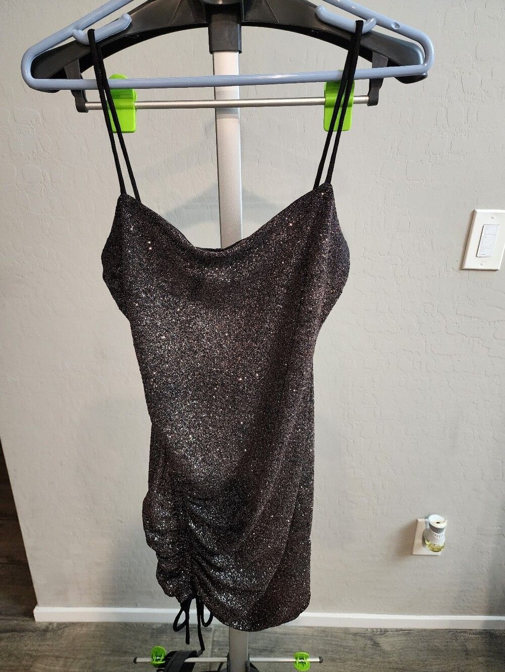 Glitter Drawstring Slip Dress - Black